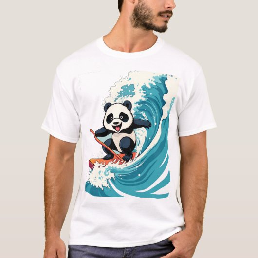 Panda Surfen Een Golf T-Shirt – Fun Surfen Panda (Voorkant)