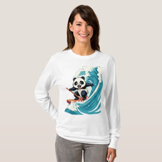 Panda surfen op een golf shirt, Fun Surfen Panda T-shirt (Voorkant volledig)