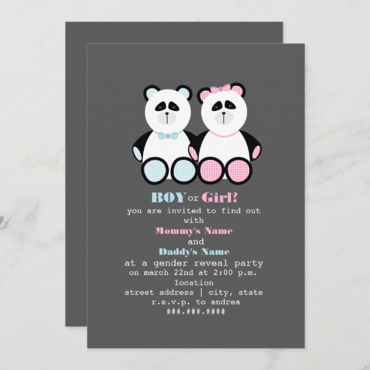 Panda Teddy Bears Gender Reopenbaart de uitnodigin Kaart (Voorkant / Achterkant)