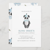 Panda Theme First Birthday Invitation Kaart (Voorkant / Achterkant)