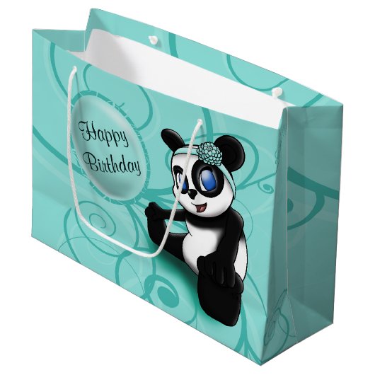 Panda Turquoise Birthday Groot Cadeauzakje (Voorkant Gekanteld)