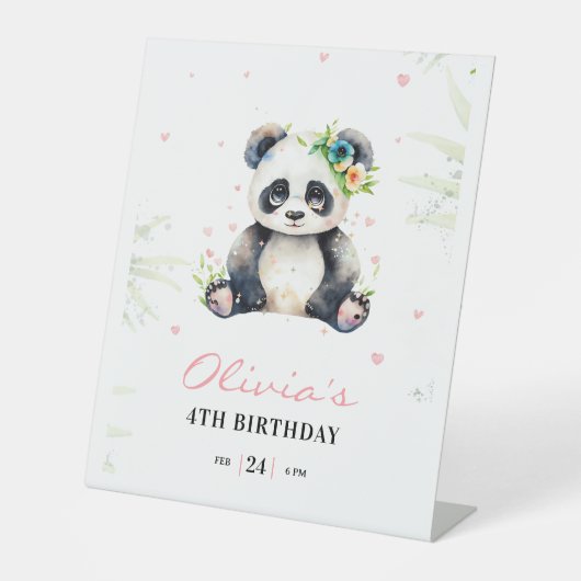 Panda Verjaardag Uitnodiging, Panda Girl Verjaarda Reclamebord Met Voetstuk (Voorkant)