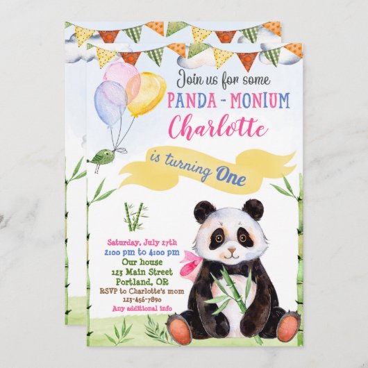 Panda verjaardagsfeest 1e verjaardag kaart (Voorkant / Achterkant)