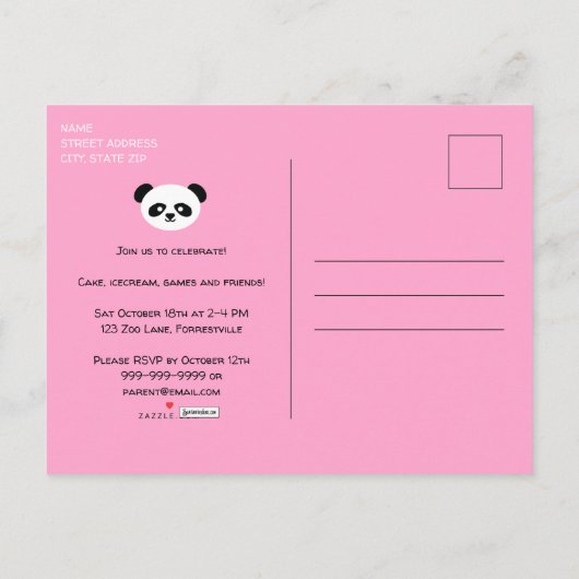 Panda Verjaardagsfeestje Kinder Roze Kawaii Uitnodiging Briefkaart (Achterkant)