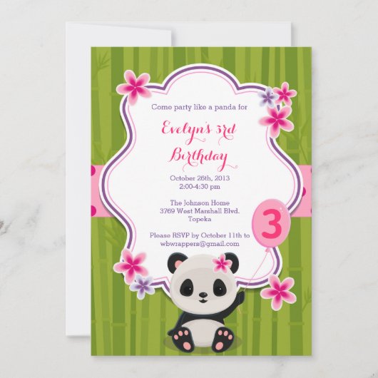 Panda verjaardagsfeestje - Roze en Paarse Kaart (Voorkant)