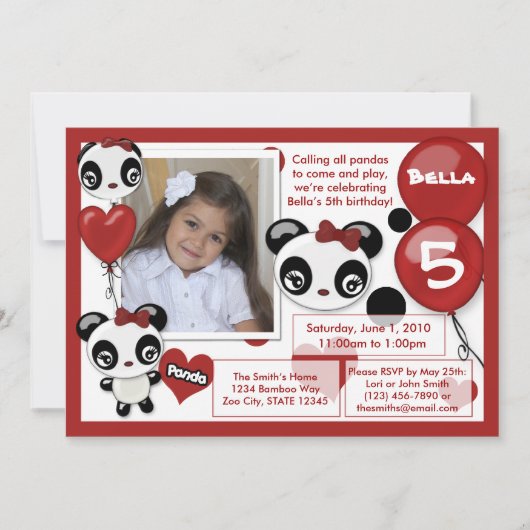 Panda verjaardagsuitnodiging rood zwart (foto) kaart (Voorkant)