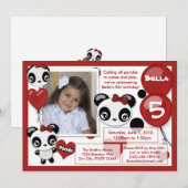 Panda verjaardagsuitnodiging rood zwart (foto) kaart (Voorkant / Achterkant)