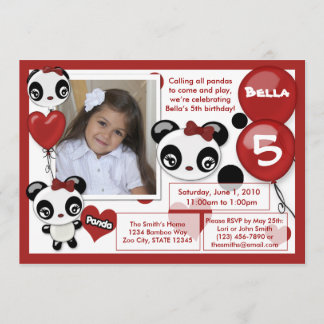 Panda verjaardagsuitnodiging rood zwart (foto) kaart