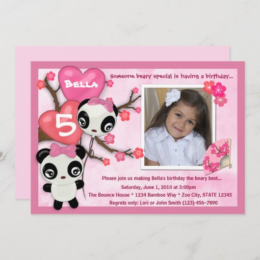 Panda verjaardagsuitnodiging roze zwart (foto) kaart (Voorkant / Achterkant)