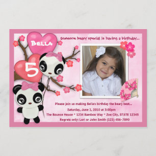 Panda verjaardagsuitnodiging roze zwart (foto) kaart