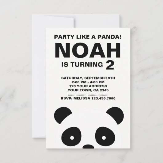 Panda verjaardagsuitnodiging, zwart-wit feest kaart (Voorkant)