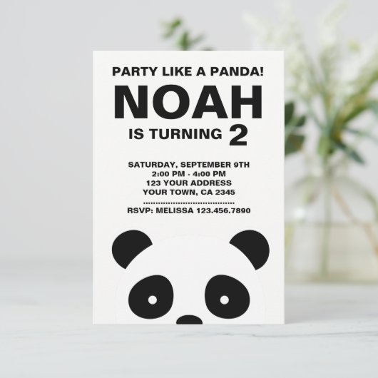 Panda verjaardagsuitnodiging, zwart-wit feest kaart (Staand voorkant)