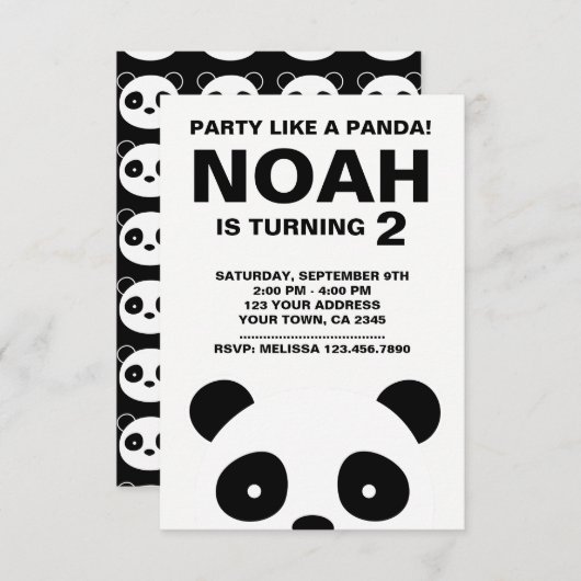 Panda verjaardagsuitnodiging, zwart-wit feest kaart (Voorkant / Achterkant)