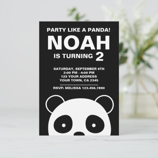 Panda verjaardagsuitnodiging, zwart-wit feest kaart (Staand voorkant)