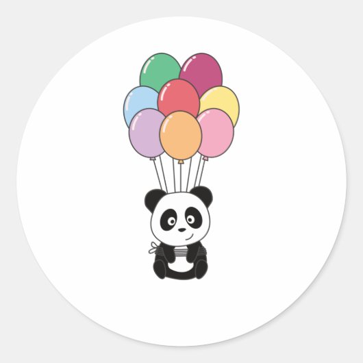 Panda vliegt op met kleurrijke ballonnen ronde sticker (Voorkant)