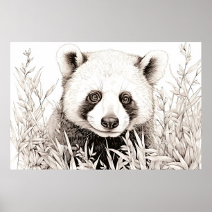 Panda Vreedzame Natuur Prairie Schets Tekenstijl Poster