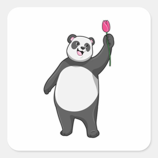 Panda with Tulip Vierkante Sticker (Voorkant)