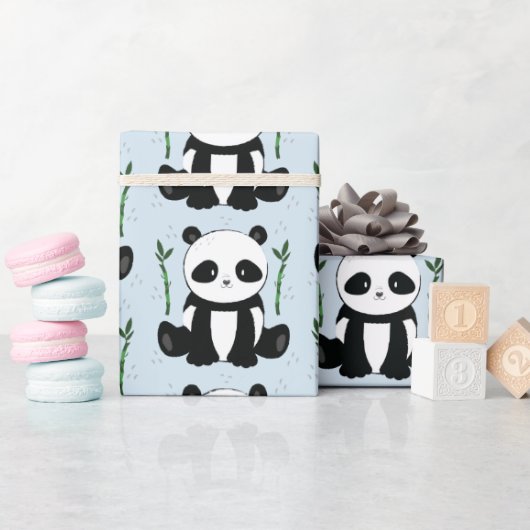 Panda Zitten met Bamboe Pattern Blue Cadeaupapier (Baby Shower)