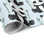 Panda Zitten met Bamboe Pattern Blue Cadeaupapier (Rol Hoek)