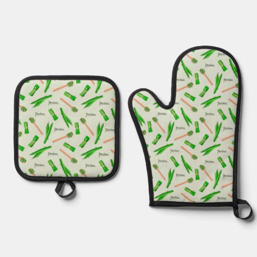 Pandan Leaf Pattern Oven Mitt & Pot Holders Ovenwant & Pannenlap Set (Voorkant)