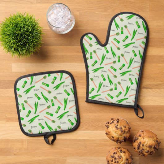 Pandan Leaf Pattern Oven Mitt & Pot Holders Ovenwant & Pannenlap Set (Top down)
