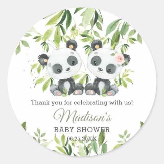 Pandas Bamboe Groen Twin Boy Meisje Baby shower Ronde Sticker (Voorkant)