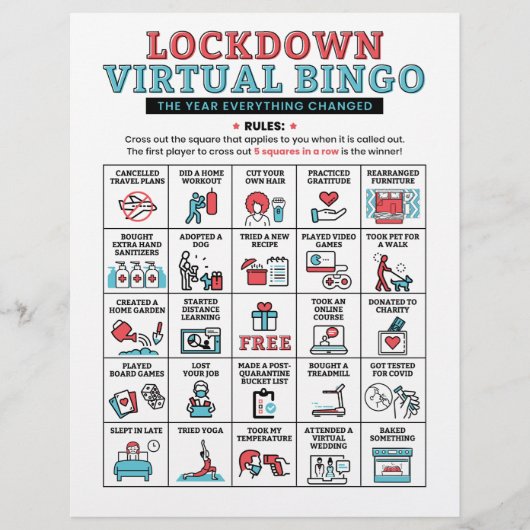 Pandemiejaar Quarantain Bingo Lockdown Activiteite (Voorkant)