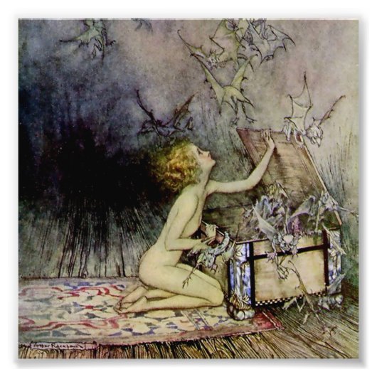"Pandora Opens the Box" van Arthur Rackham Foto Afdruk (Voorkant)