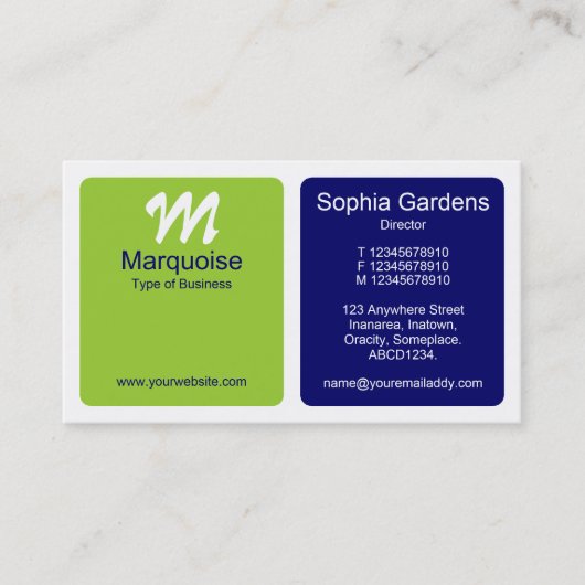 Panels - groen, donkerblauw en wit visitekaartje (Voorkant)