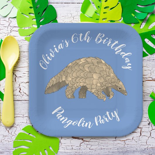 Pangolin Party Kinder 6th Birthday Blue Voeg naam  Papieren Bordje