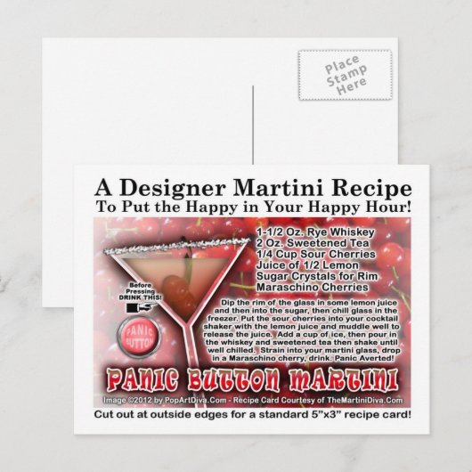 Panic Button Martini Recept Briefkaart (Voorkant / Achterkant)
