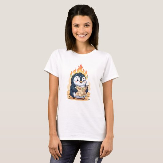 Panicked Cartoon Penguin Holding Map with Fire T-shirt (Voorkant volledig)