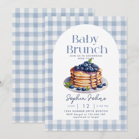 Pannenkoek Blueberry Gingham Baby Brunch Baby show Kaart (Voorkant / Achterkant)