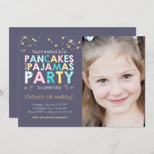 Pannenkoek en pyjama verjaardag uitnodiging Meisje (Voorkant / Achterkant)