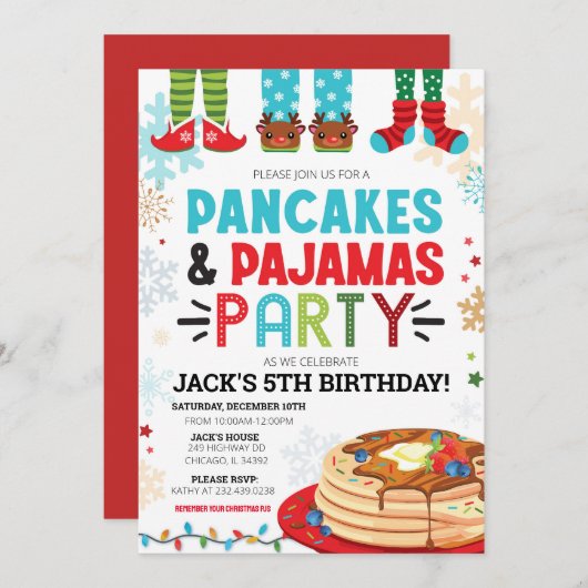 Pannenkoek en pyjama's Uitnodiging Verjaardag (Voorkant / Achterkant)
