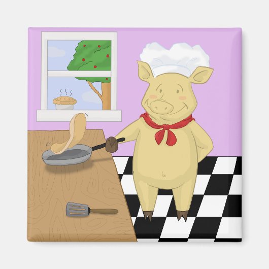 Pannenkoek Flipping Pig Chef Magnet (Voorkant)
