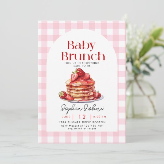 Pannenkoek Strawberry Gingham Baby Brunch Baby sho Kaart (Staand voorkant)