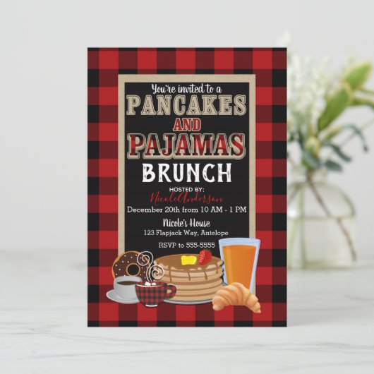 Pannenkoeken en Pyjama Brunch Rood Buffalo Geruit Kaart (Staand voorkant)