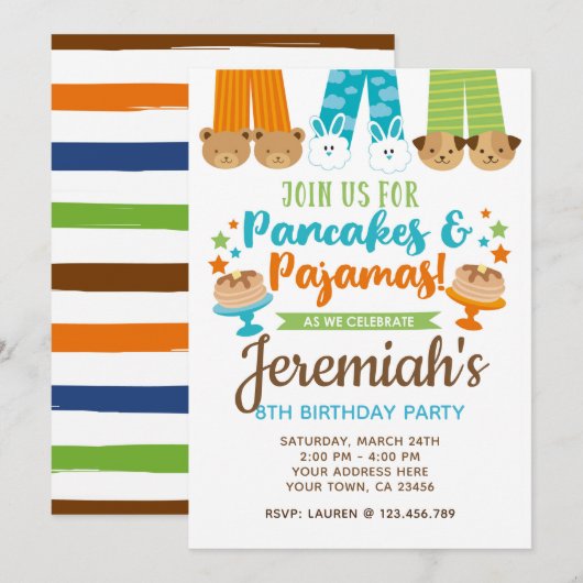 Pannenkoeken en pyjama jongen verjaardag uitnodigi kaart (Voorkant / Achterkant)