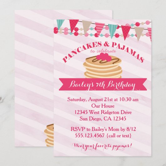 Pannenkoeken en Pyjama Meisje Verjaardagsuitnodigi Kaart (Voorkant / Achterkant)