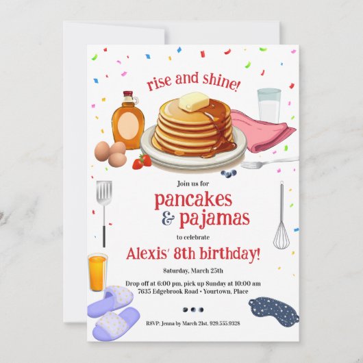 Pannenkoeken en pyjama ontbijtfeest kaart (Voorkant)