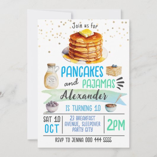 Pannenkoeken en pyjama Sleepover Verjaardag Uitnod Kaart (Voorkant)