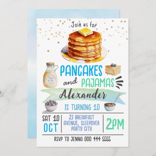 Pannenkoeken en pyjama Sleepover Verjaardag Uitnod Kaart (Voorkant / Achterkant)