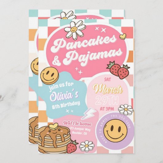 Pannenkoeken en pyjama verjaardagsfeestje uitnodig kaart (Voorkant / Achterkant)