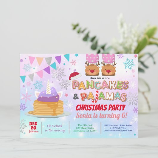 Pannenkoeken en pyjama's Kerst Verjaardag Eenhoorn Kaart (Staand voorkant)