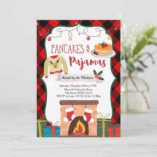 Pannenkoeken en pyjama's kerstfeest uitnodiging (Staand voorkant)