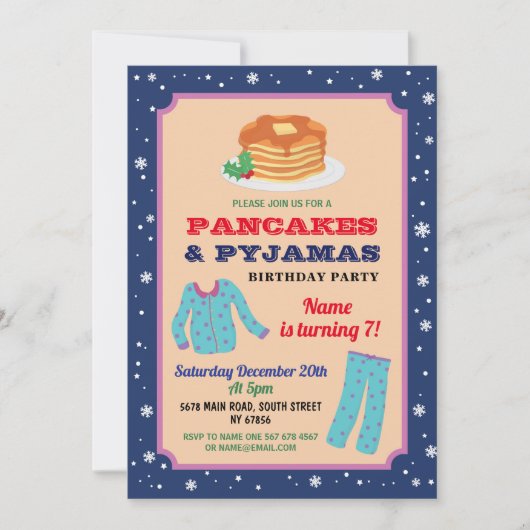 Pannenkoeken en pyjama's kerstfeestdag blauw kaart (Voorkant)