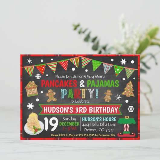 Pannenkoeken en pyjama's Kerstuitnodiging Kaart (Staand voorkant)