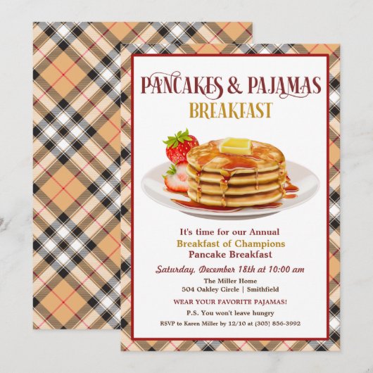 Pannenkoeken en Pyjama's Ontbijt Uitnodiging (Voorkant / Achterkant)