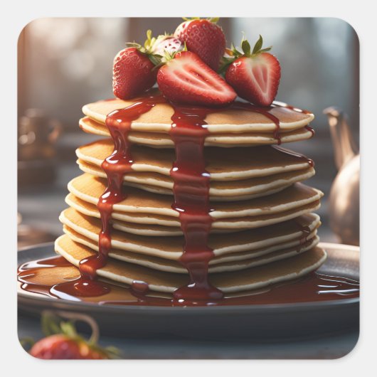 Pannenkoeken met aardbeien vierkante sticker (Voorkant)